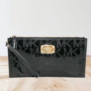 MICHAEL KORS Large Black MK Embossed Patent Leather Slim Zip Wristlet